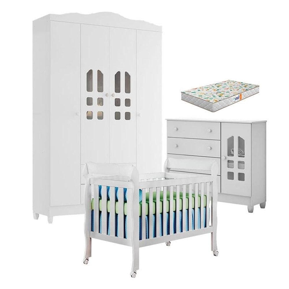 Quarto de Bebê New Selena 4 Portas com Berço Lila e Cômoda Selena Branco Brilho e Colchão Gazin – Carolina Móveis