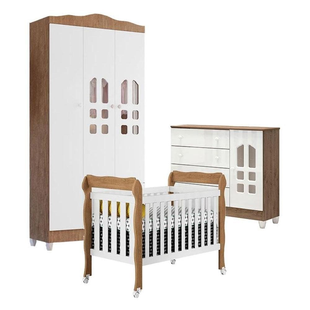Quarto de Bebê New Selena 3 Portas com Berço Lila e Cômoda Selena Branco Acetinado Amadeirado – Carolina Móveis