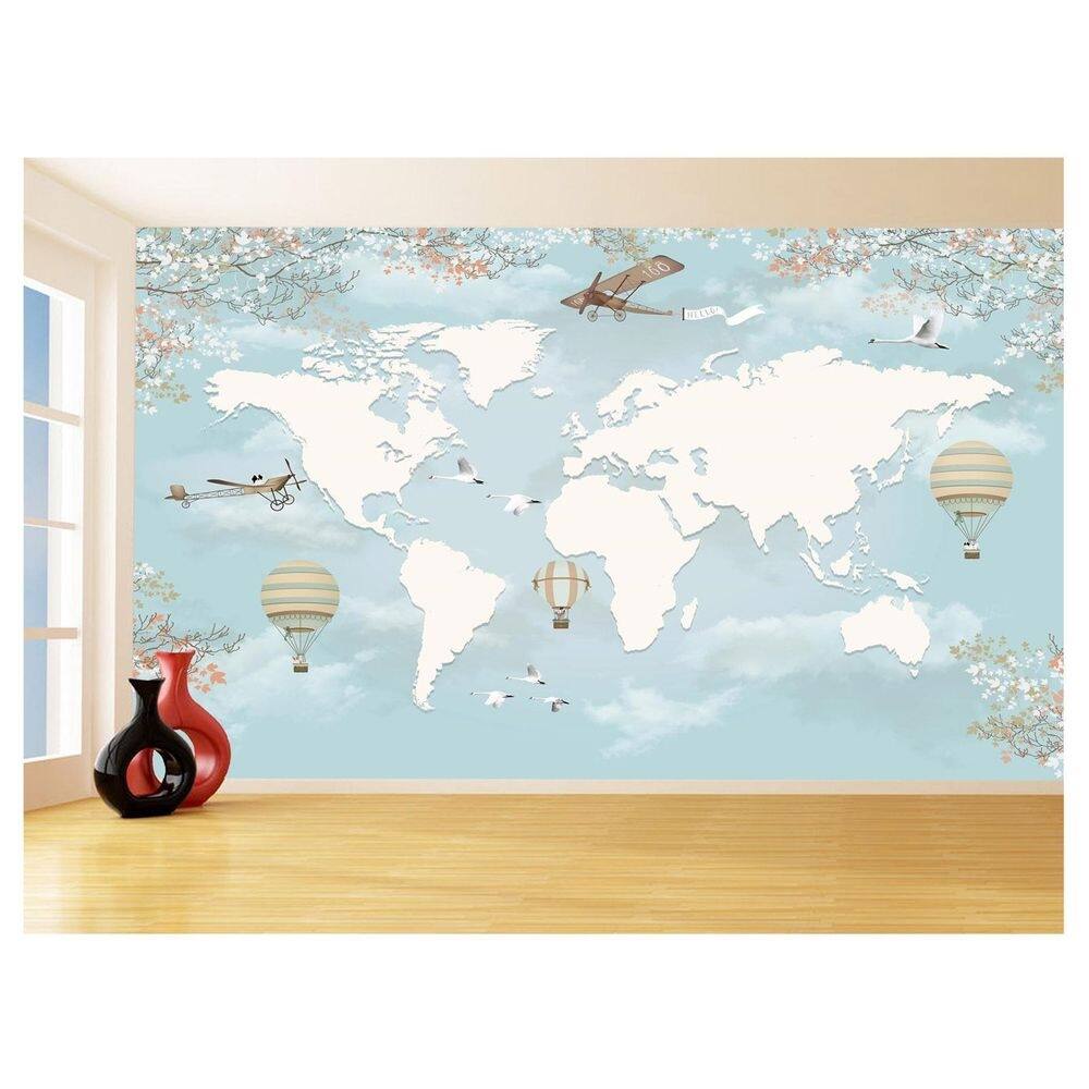 Papel De Parede Mapa Mundi Infantil Balão Azul 3,5M Nmu84