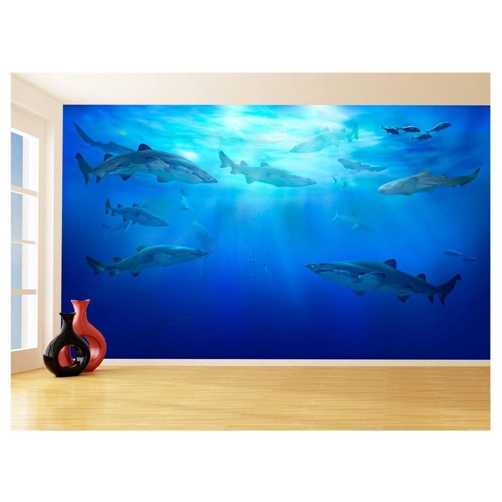Papel De Parede 3D Fundo Do Mar Tubarões Cercado 3,5M Fm117