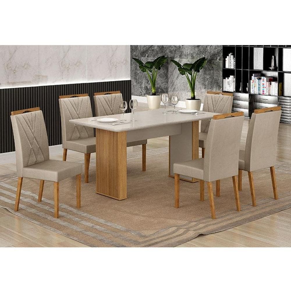 Mesa de Jantar Ambiente Júlia 160x80cm Cinamomo Off White com 6 Cadeiras Lara Veludo Bege - Valdemóveis
