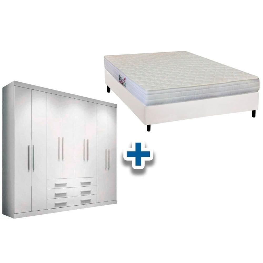 Cama Box Casal + Colchão Frontier Herval + Guarda Roupa Master 8.6 Branco