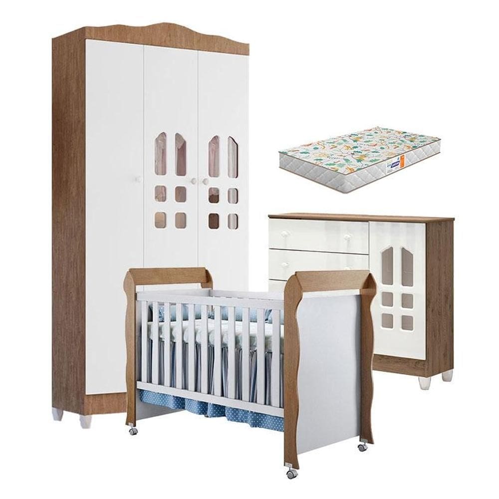 Quarto de Bebê New Selena 3 Portas com Cômoda Selena e Berço Mirelle Branco Acetinado Amadeirado e Colchão Gazin – Carolina Móveis