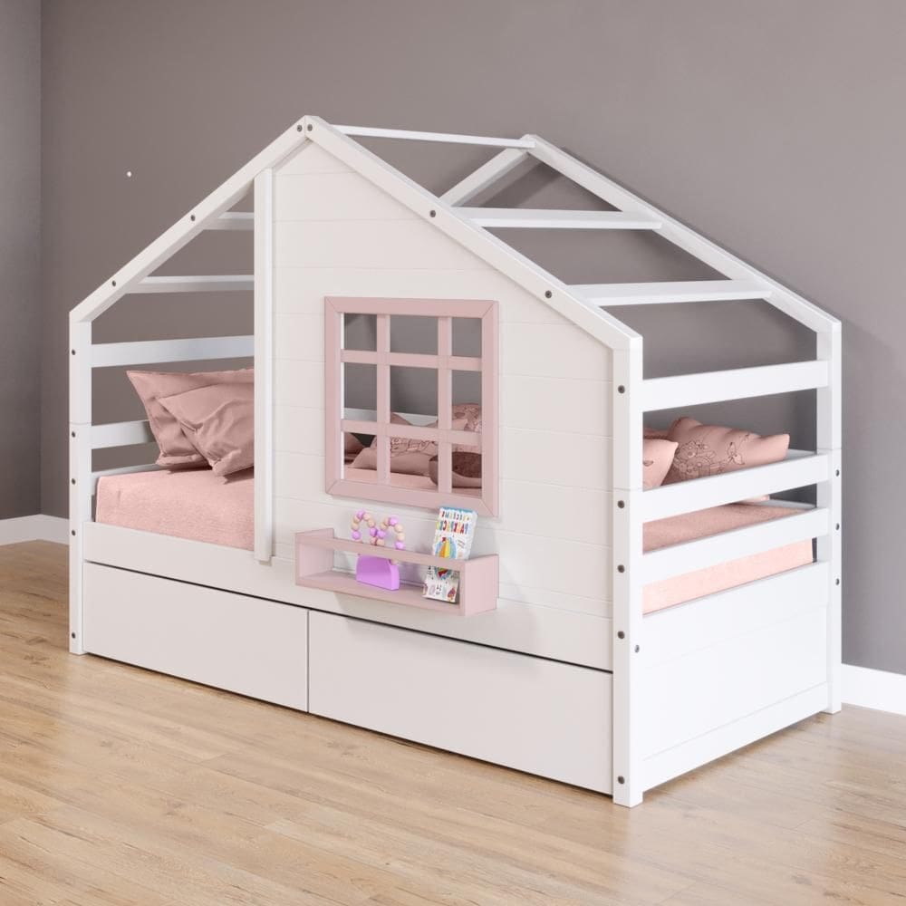 Cama Casinha com Janela e 02 Gavetas Madeira Maciça Branco/ Rosa Housin
