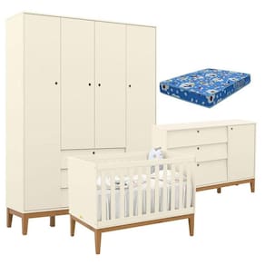 Quarto de Bebe Unique 4 Portas com Cômoda Sapateira Off White Eco Wood e Colchão Ortobom - Matic