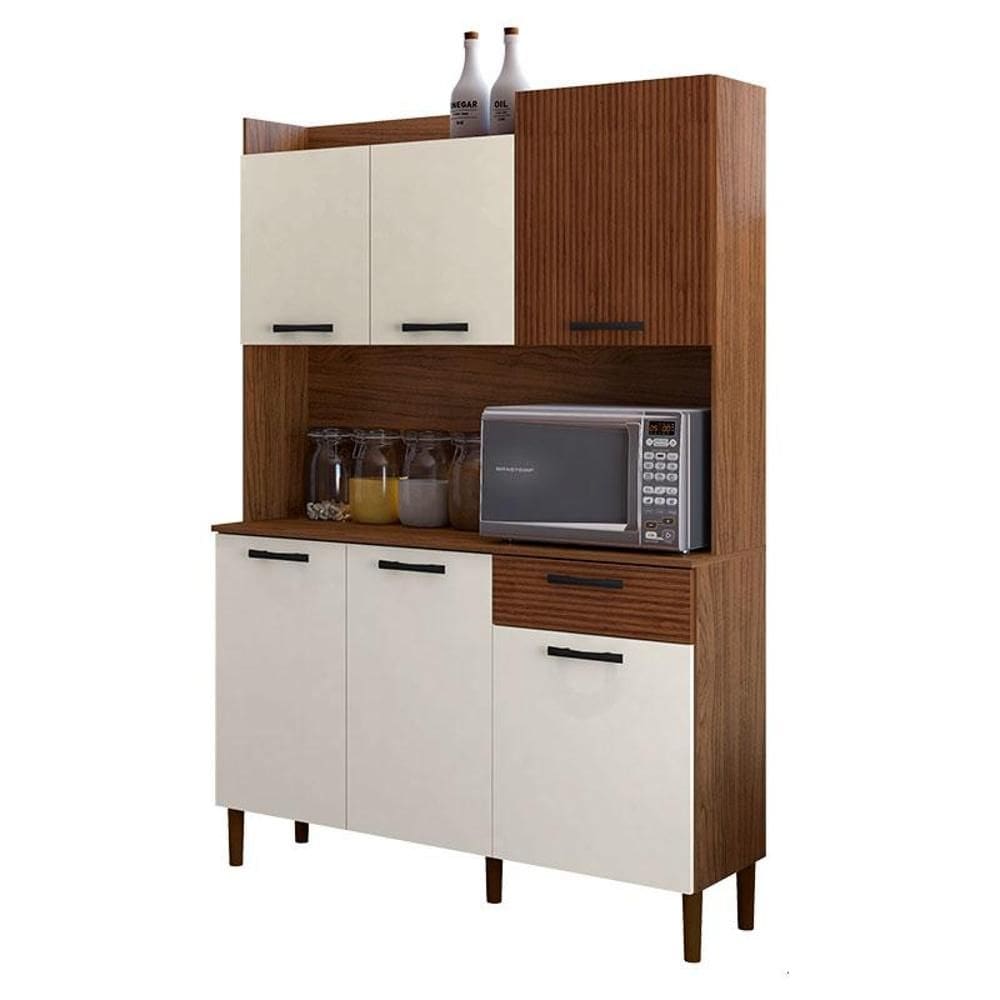 Kit Cozinha Gênova 6 Portas Nogueira Off White Ripado - Kits Paraná