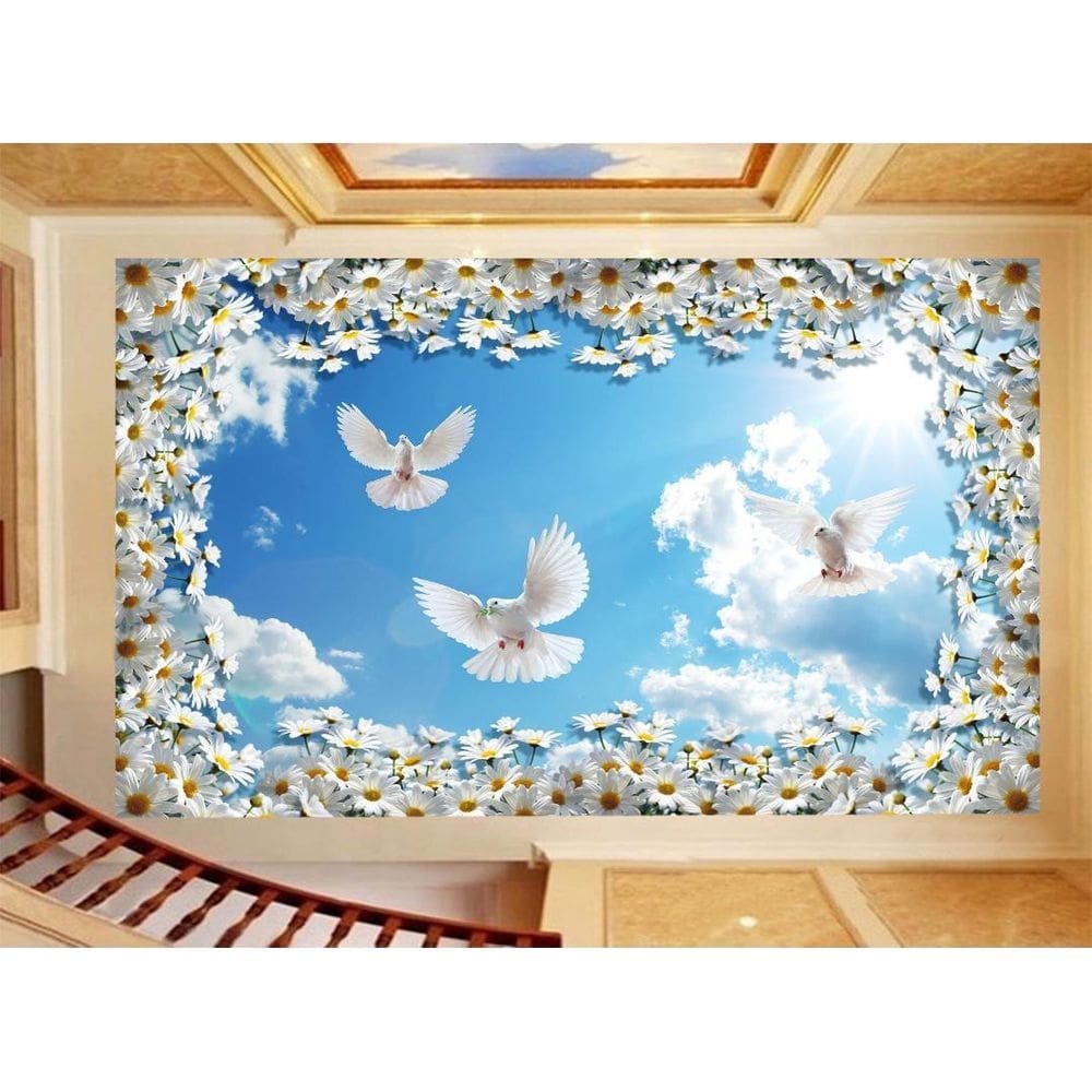 Papel De Teto Céu Azul Nuvens Flores Pombas 3,5M Rof36