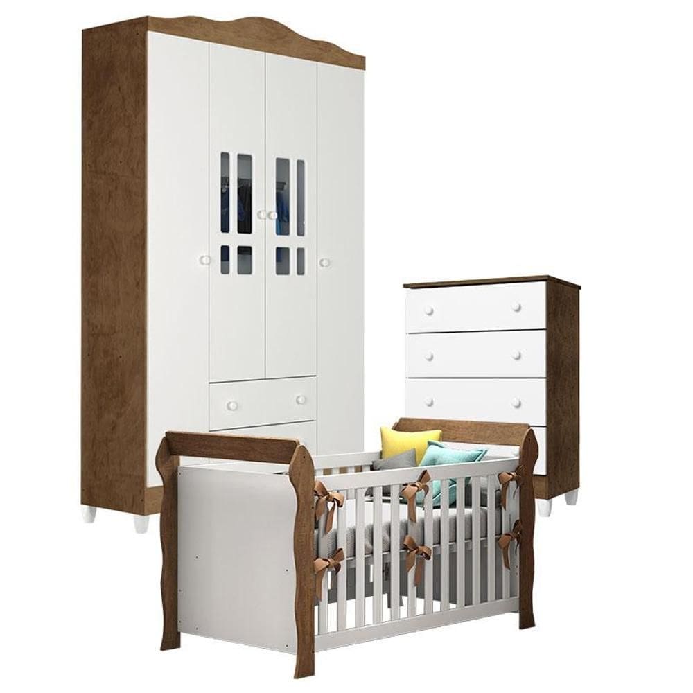 Quarto de Bebê Ariel 4 Portas com Gaveteiro e Berço Lara Branco Acetinado Amadeirado – Carolina