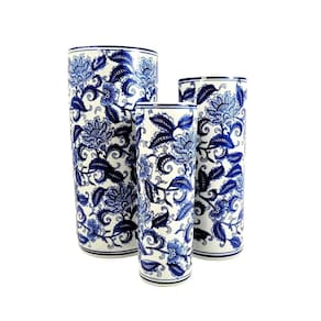 Vaso Porta Guarda Chuva Decorativo Azul E Branco 45/40/34Cm