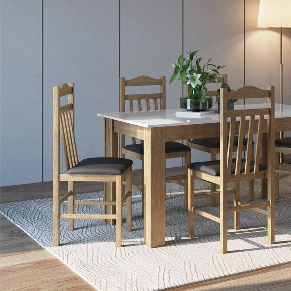Conjunto Sala de Jantar Mesa Fixa com 4 Cadeiras Ameixa Negra
