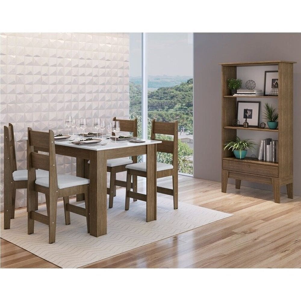 Conjunto Sala de Jantar Mesa Fixa com 4 Cadeiras Ameixa Negra