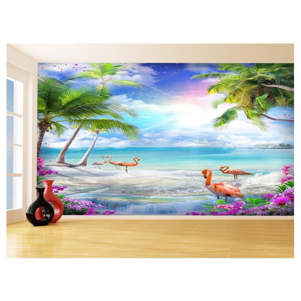 Papel De Parede Praia Mar Flamingos Coqueiros 3,5M Npr327