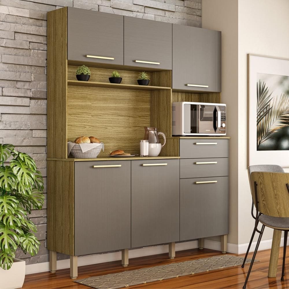 Armario de Cozinha Compacta 6 Portas 2 Gavetas Montesa - Freijó/Gris
