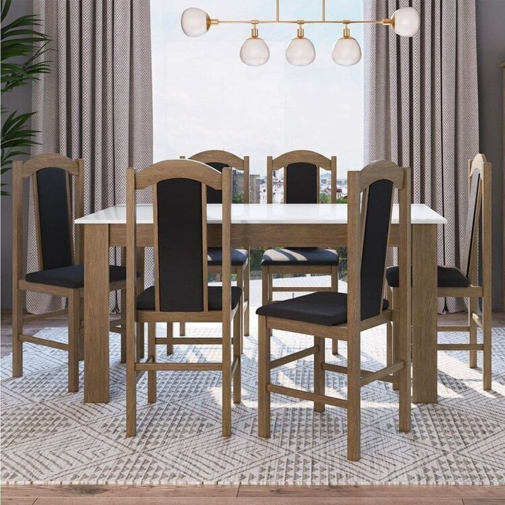 Conjunto Sala de Jantar Mesa Fixa com 6 Cadeiras Ameixa Negra