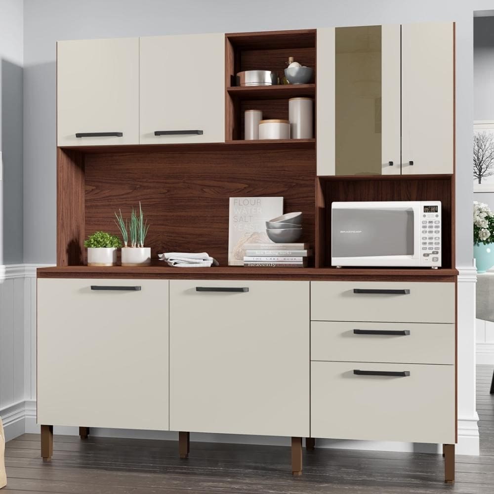 Armario de Cozinha Compacta 7 Portas 2 Gavetas Mega - Nogueira/Off White