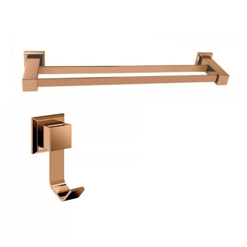 Kit com Porta Toalha de Banho Duplo 62cm e 1 Cabide  Ducon Rosé Gold
