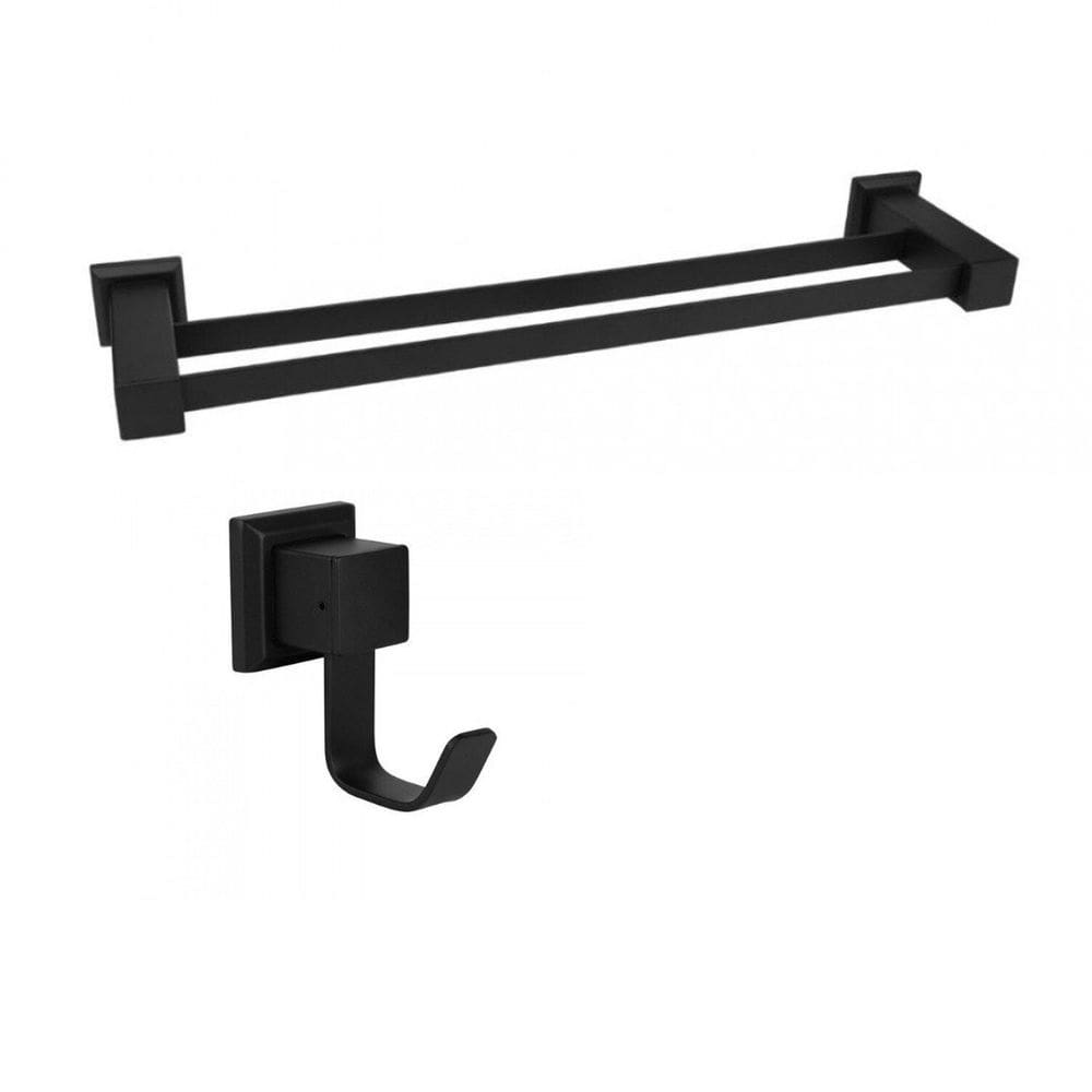 Kit com Porta Toalha de Banho Duplo 62cm e 1 Cabide  Ducon Metais Black