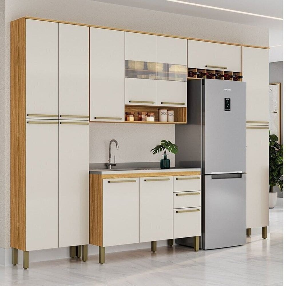 Cozinha Completa Modulada 5 Peças sem Tampo com Vidro Reflecta 100% MDF Itália Espresso Móveis Amêndoa/Off White