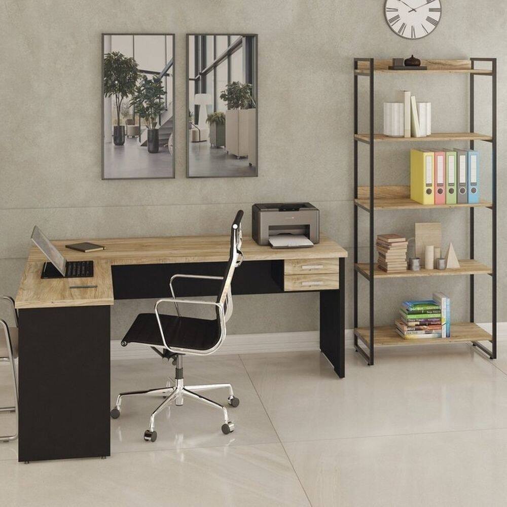 Conjunto Home Office 2 Peças com Escrivaninha Work30 e Estante Kuadra Carvalho/Preto Ônix