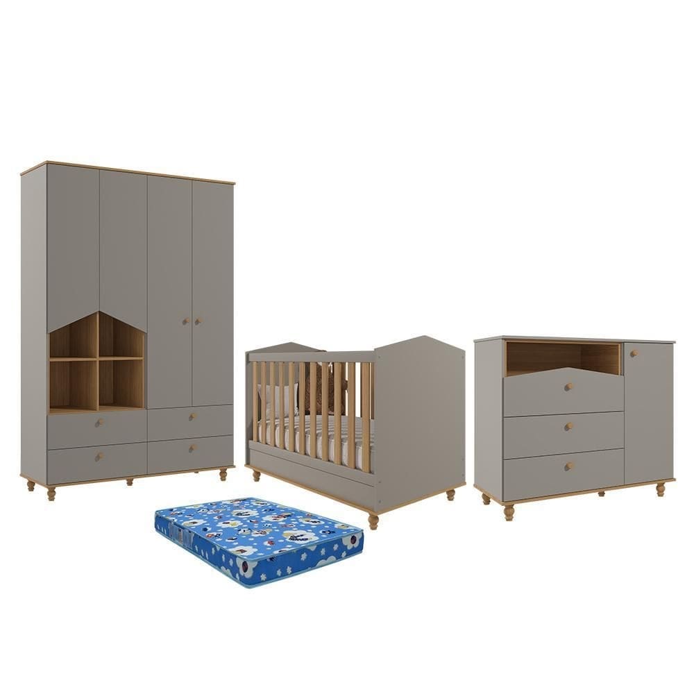 Dormitório Casinha Guarda Roupa, Cômoda 1 Porta e Berço Mimo com Colchão Physical - Permóbili Baby
