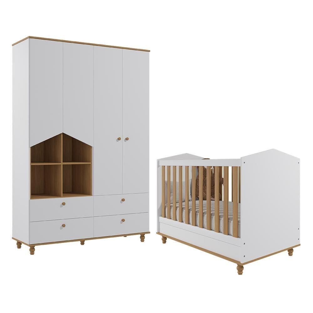 Jogo de Quarto Infantil Guarda Roupa Casinha e Berço Americano Mimo - Permóbili Baby