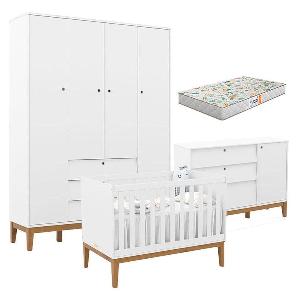 Quarto de Bebe Unique 4 Portas com Cômoda Sapateira Branco Soft Eco Wood e Colchão Gazin - Matic