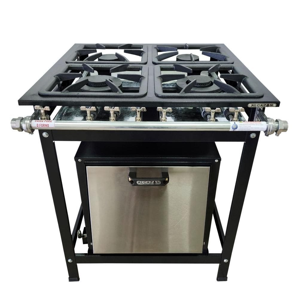 Fogão Baixa Pressão 4 Bocas Alcazon com Forno 75 Litros Tampa Inox ACZ-004+ACZF-003