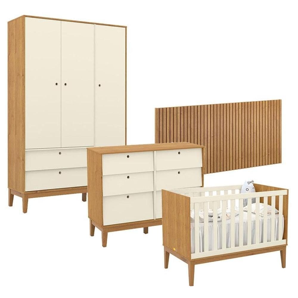 Quarto de Bebê Unique 3 Portas com Cômoda 6 Gavetas e Painel Ripado Freijó Off White Eco Wood - Matic