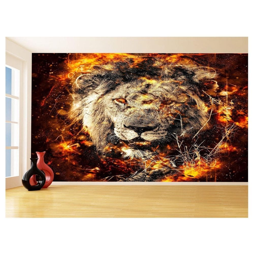 Papel De Parede 3D Animais Leão Rosto Fogo Rei 3,5M Anm486