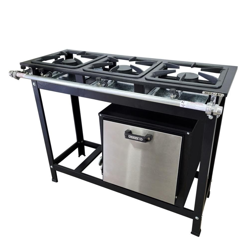 Fogão Alta Pressão 3 Bocas Alcazon com Forno 60 Litros Tampa Inox ACZ-008+ACZF-002