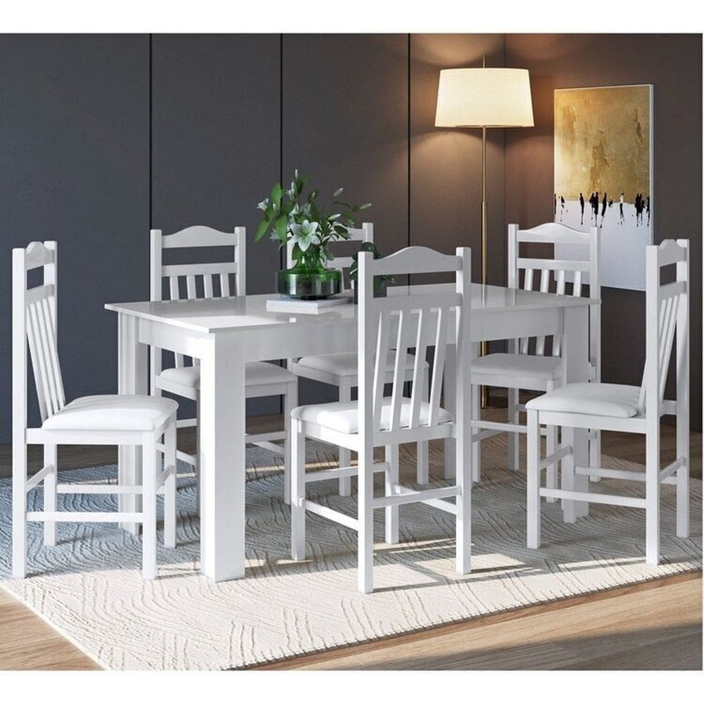 Conjunto Sala de Jantar Mesa Fixa com 6 Cadeiras Branco