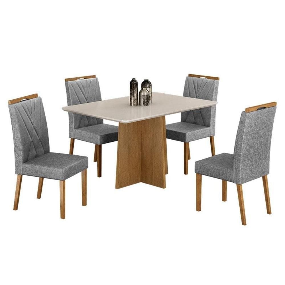 Mesa de Jantar Jade 120x80cm Cinamomo Off White com 4 Cadeiras Lara Linho Prata - Valdemóveis