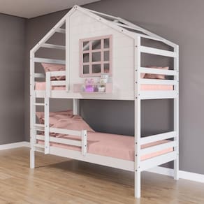 Beliche Casinha com Janela e Grade de Proteção Madeira Maciça Branco/ Rosa Housin