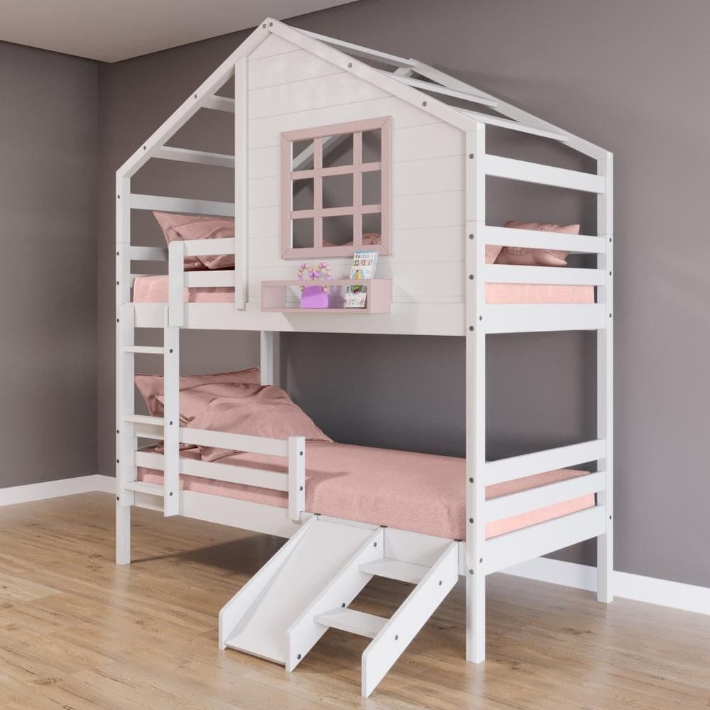 Beliche Casinha com Janela com Escada/ Escorregador e Grade de Proteção Madeira Maciça Branco/ Rosa Housin