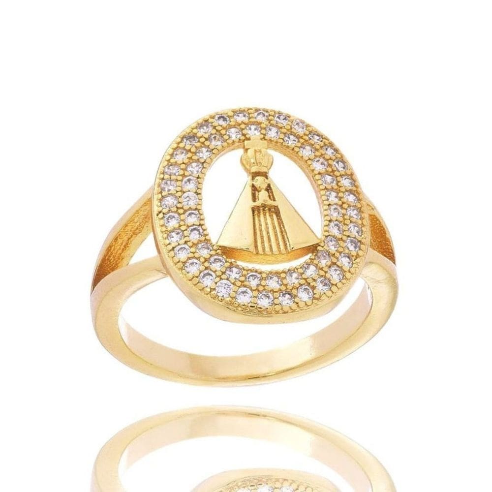 Anel Religioso Nossa Senhora Aparecida Vazado Contorno em Zircônias Banhado em Ouro 18k