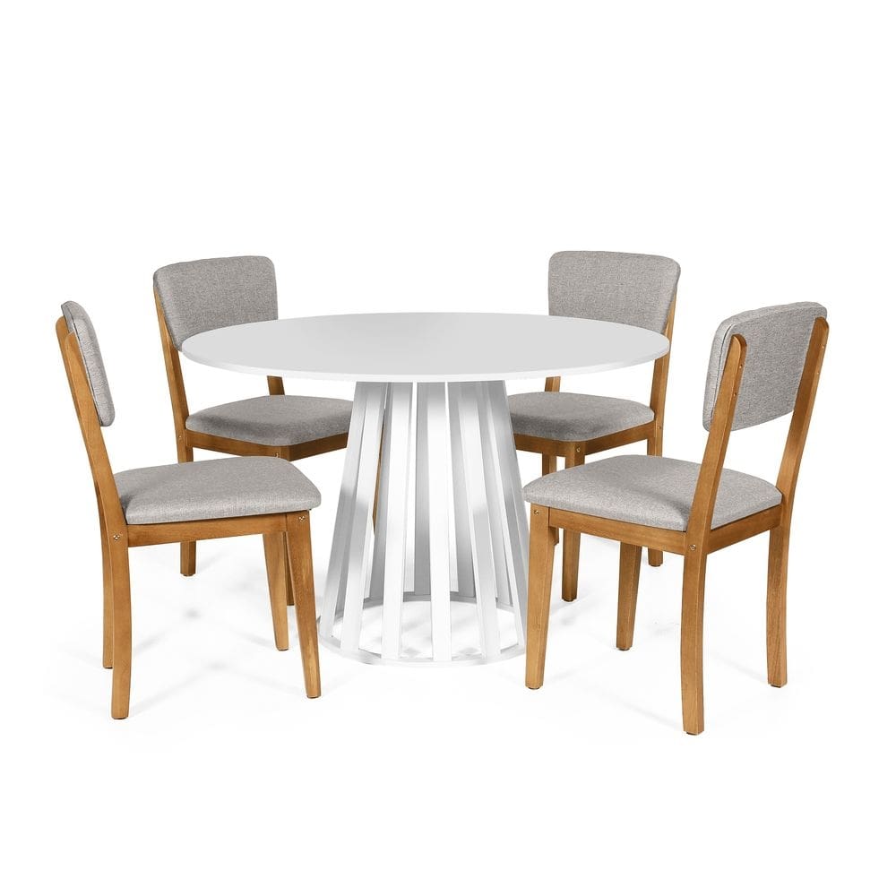 Mesa de Jantar Redonda Gabi Branca com 4 Cadeiras Estofadas Ella Cinza Claro