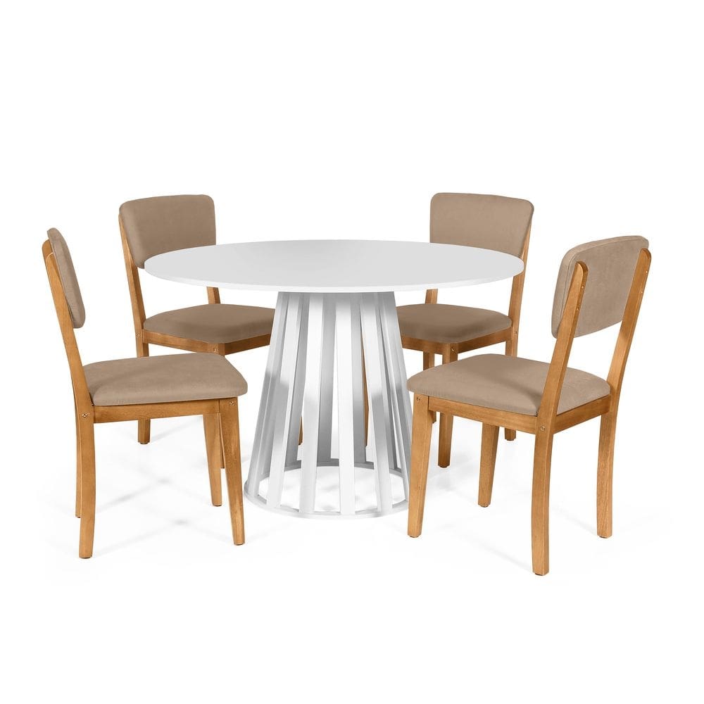 Mesa de Jantar Redonda Gabi Branca com 4 Cadeiras Estofadas Ella Marrom Claro