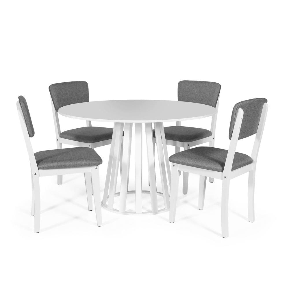 Mesa de Jantar Redonda Gabi Branca com 4 Cadeiras Estofadas Ella Branco/Cinza Escuro