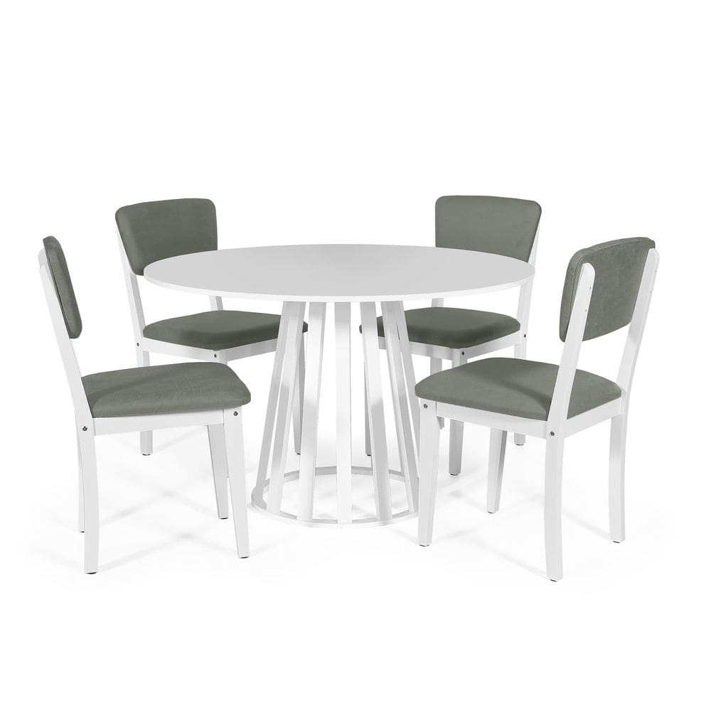 Mesa de Jantar Redonda Gabi Branca com 4 Cadeiras Estofadas Ella Branco/Cinza
