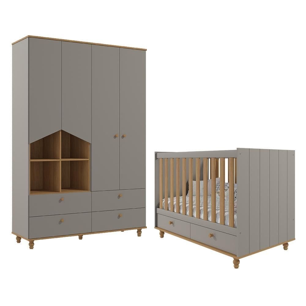Jogo de Quarto Infantil Guarda Roupa Casinha e Berço Americano Candy - Permóbili Baby