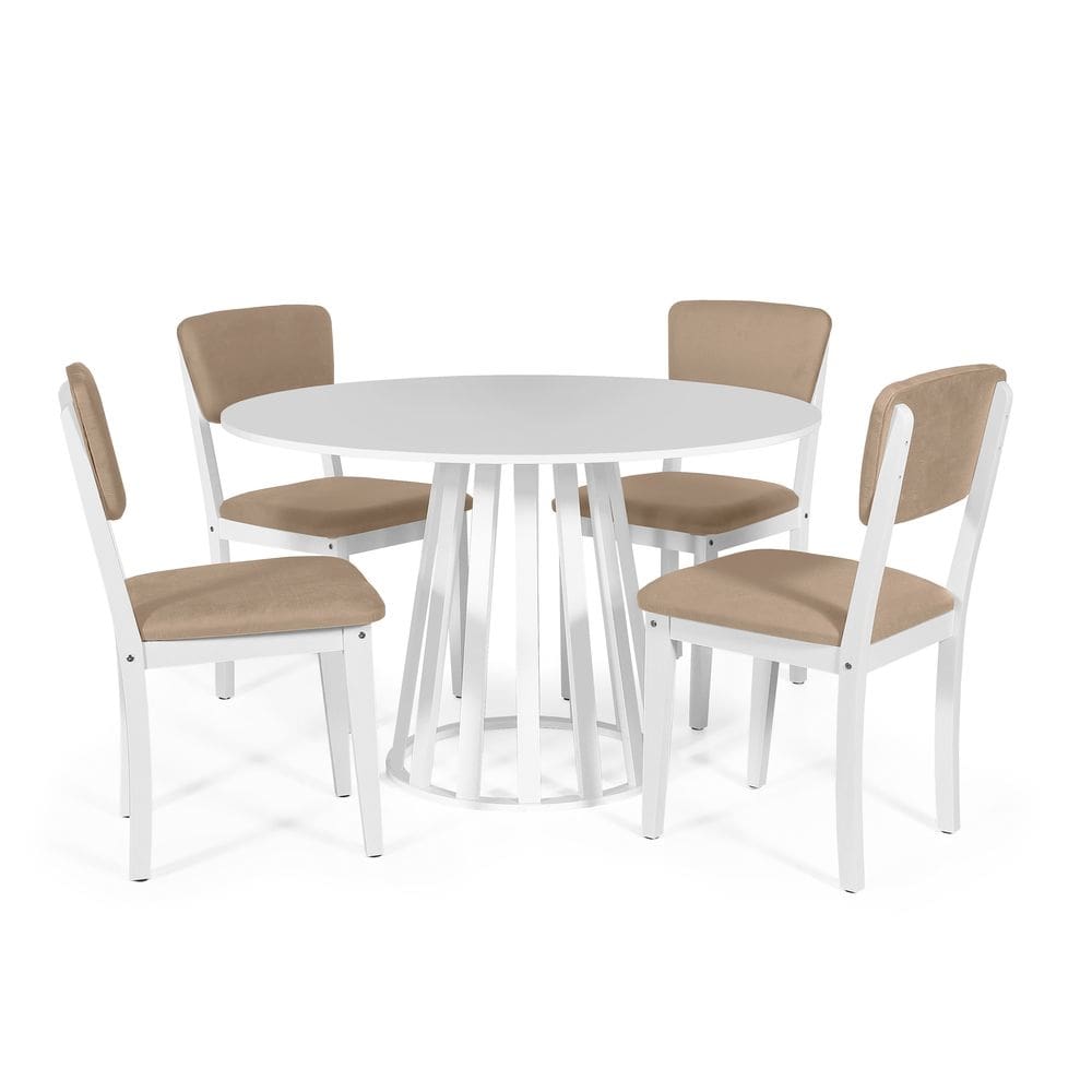 Mesa de Jantar Redonda Gabi Branca com 4 Cadeiras Estofadas Ella Branco/Marrom Claro