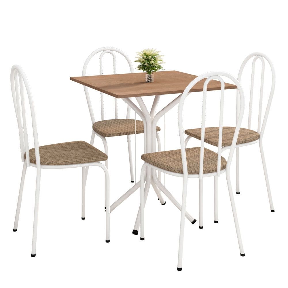 Kit Mesa de Jantar Thaisa 67,5cm com 04 Cadeiras Texas Ratan Ferro Branco - Pallazio
