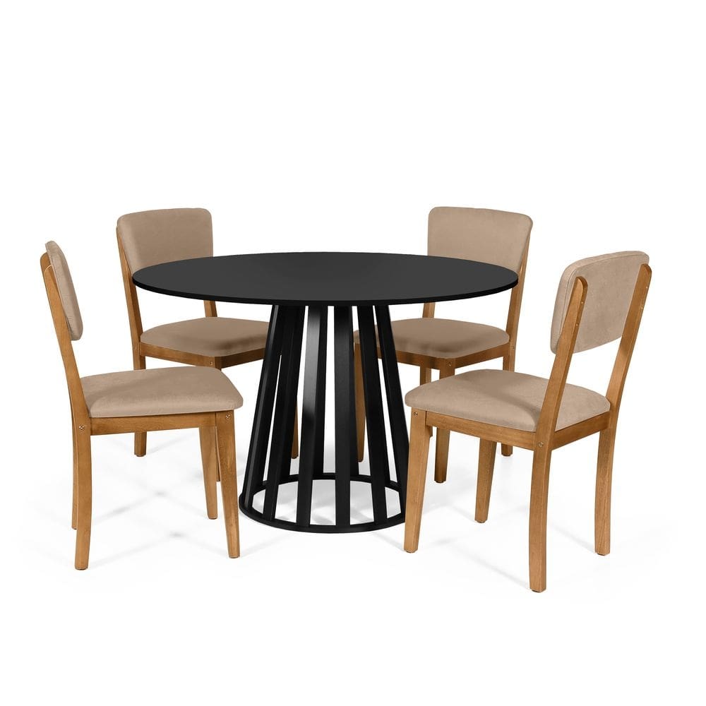 Mesa de Jantar Redonda Gabi Preta com 4 Cadeiras Estofadas Ella Marrom Claro