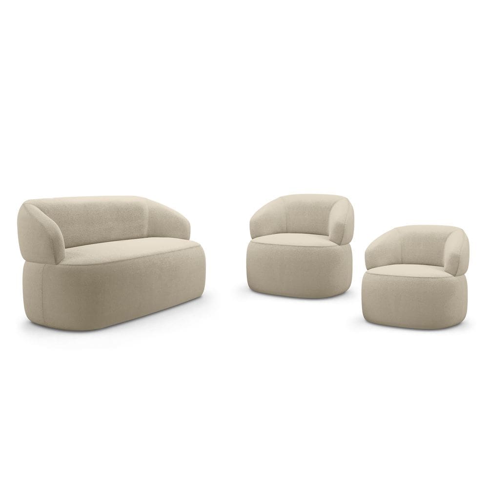Kit 02 Poltronas Giratória e 01 Sofá Orgânico Glee 02 Lugares 140cm Bouclê Bege - Desk Design