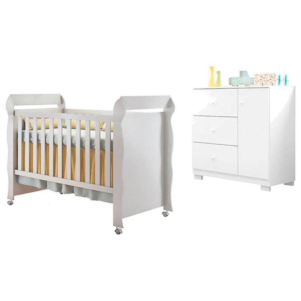 Berço Americano Mirelle com Cômoda Infantil Duda Branco Brilho – Phoenix Baby