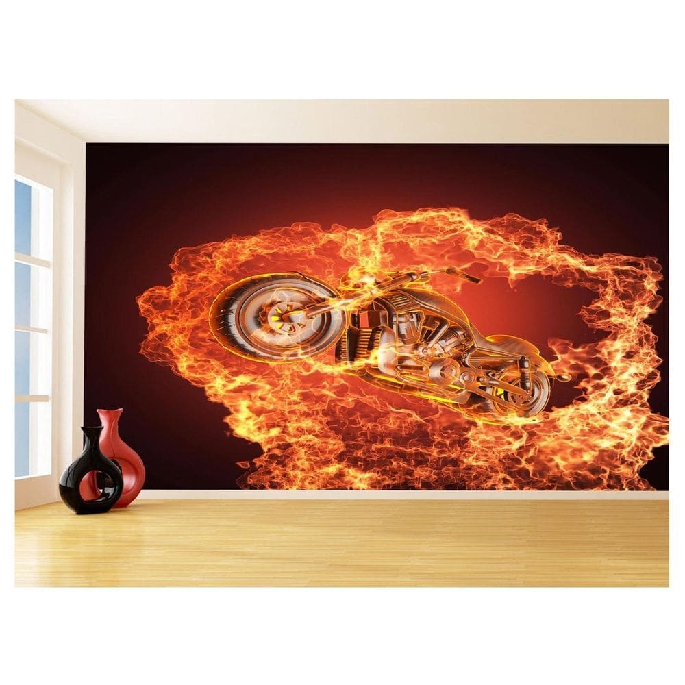 Papel De Parede 3D Moto Esporte Fogo Radical 3,5M Bkm99