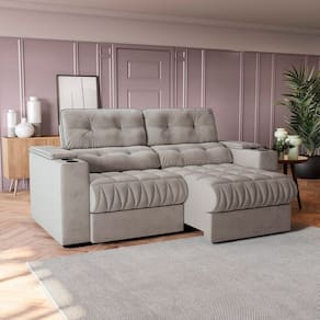 Sofá 230 cm com Porta Copos Retrátil e Reclinável Premier Cinza Claro