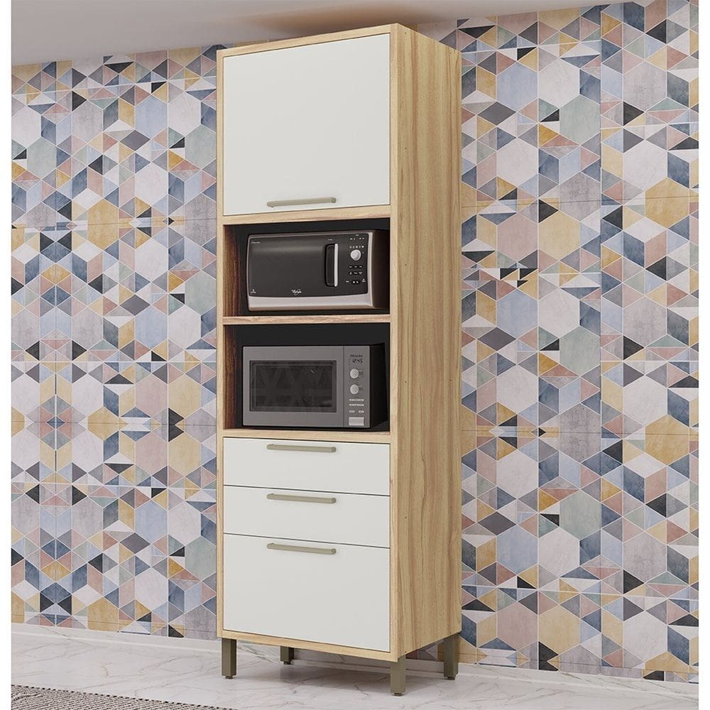 Paneleiro Torre Quente com 2 Portas 2 Gavetas e Espaço Para Micro-ondas 100% MDF Vicenza Espresso Móveis Amêndoa/Off White