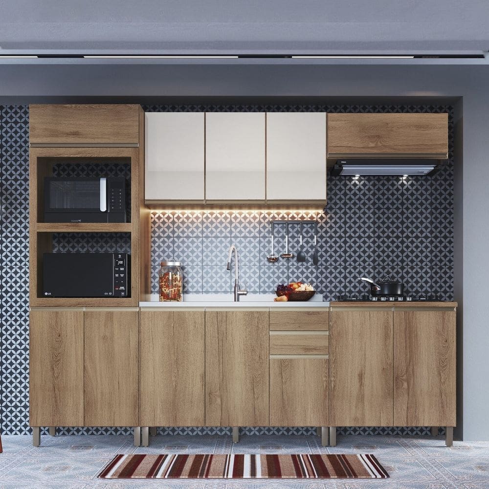 Cozinha Modulada Completa 5 Peças 12 Portas 2 Gavetas Montreal Castani/Off-White