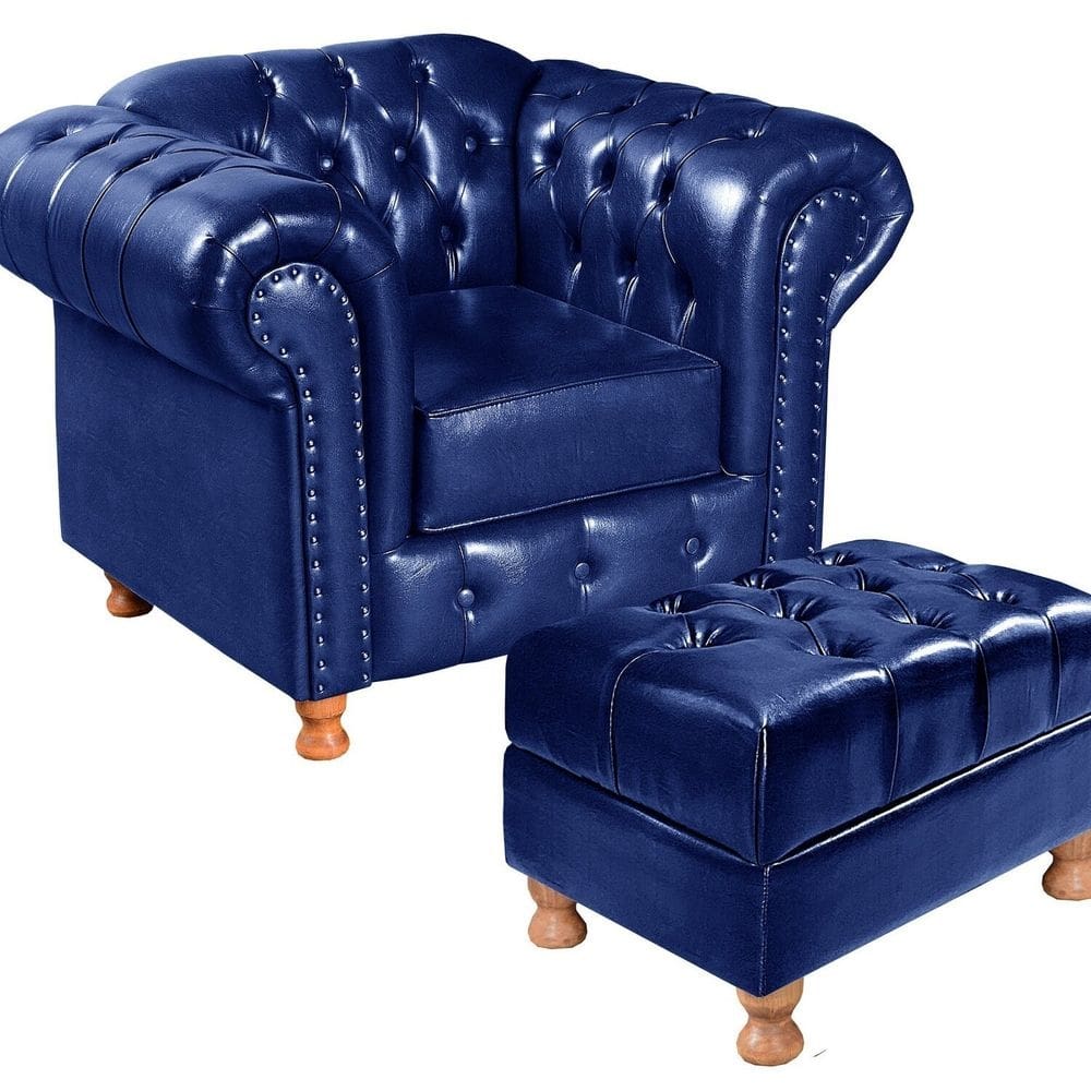 Poltrona Chesterfield Com Puff Capitonê Luís XV Azul